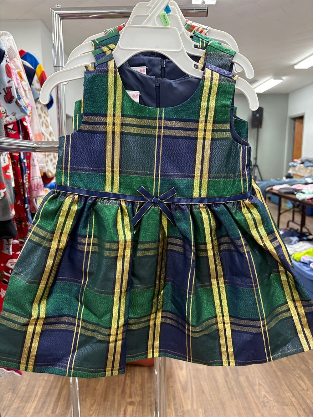 Bonnie Jean Green Navy Gold Plaid Holiday Dress